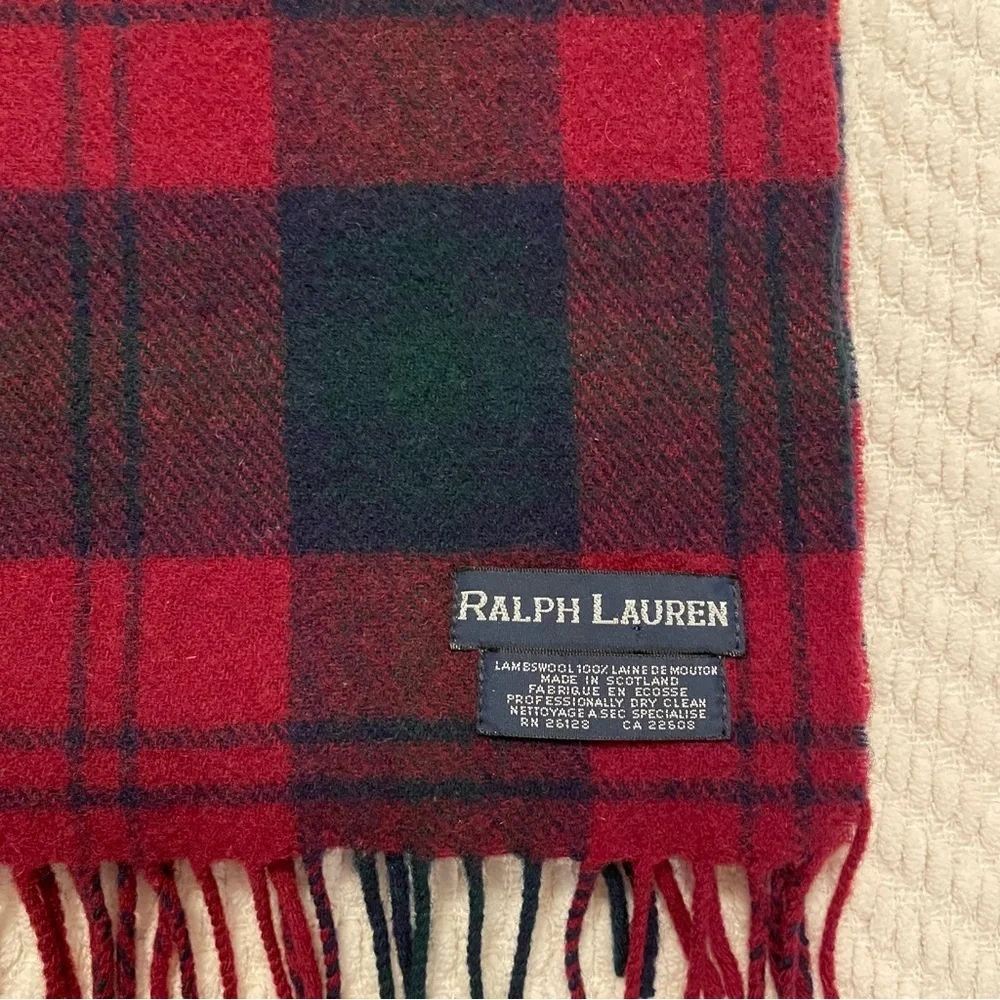 Ralph Lauren Blue Label 100% Lamb's Wool Dark Red/Green Plaid Scarf